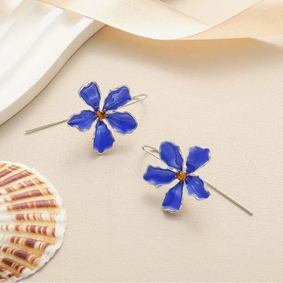 🌺 NEW Stunning hand painted blue drop flower earrings 🌺 - Picture 4 of 5